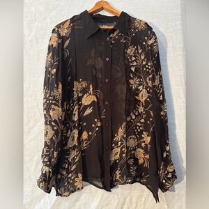 Eva Blue Blouse Sheer Long Sleeve Button Black/Gold Floral Women’s Sz 16